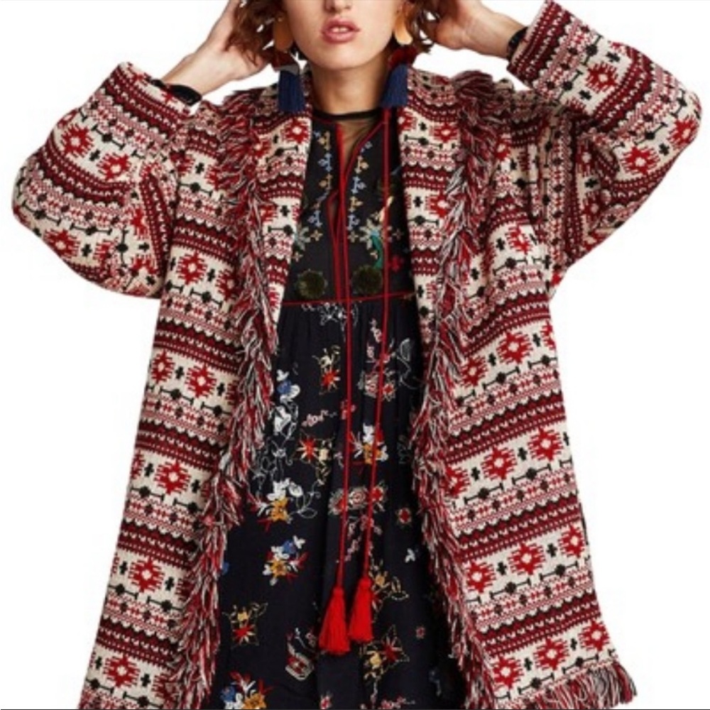 Zara Fringe Red & Black Sweater Coat